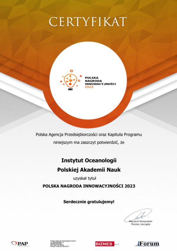 Polska Agencja Przedsiębiorczości oraz Kapituła Programu niniejszym ma zaszczyt potwierdzić, że Instytut Oceanologii Polskiej Akademii Nauk uzyskał tytuł POLSKA NAGRODA INNOWACYJNOŚCI 2023. Serdecznie gratulujemy!