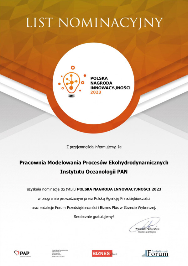 List nominacyjny. Pracownia Modelowania Procesów Ekohydrodynamicznych Instytutu Oceanologii PAN uzyskała nominację do tytułu Polska Nagroda Innowacyjności 2023